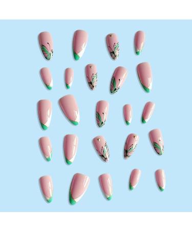 MENILITHS 24Pcs/Set Press On Nails French Green White Butterfly False Nails Acrylic Fake Nails Full Cover Nails Tips Artificial Finger Manicure Press on nails for Women and Girls - Buy Online on GoSupps.com