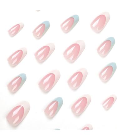 Justotry 24 Pcs Almond False Nails Short Pale Blue and White French Press on Nails | Nude Fake Nails with Glue | Oval Stick on Nails for Women Nails Art - Buy Online on GoSupps.com