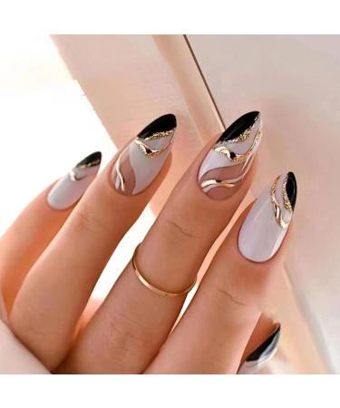 Press on Nails Almond Short Medium Black White Fake Nails with Gold Curved Swirl Line Design Gel Glue on Nails for Women Acrylic False Nails with Glue Stick on Nails for Wedding Birthday HG68