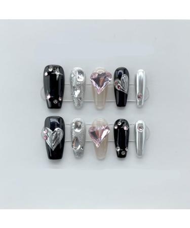 Black long Nails Handmade Press on Nail Short Square Solid Fake Nail Tips Gentle Flowers Design Art(Black short S)