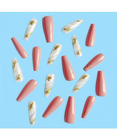 Glitter Gold Coffin Press on Nails - 24pcs Nude & Pink Black Acrylic Stick on Nails with Glue Sticker for Women and Girls - Fashionable False Nails - Buy Online on GoSupps.com