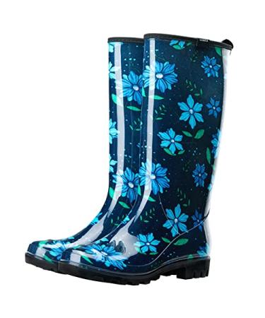 HISEA Women's Rain Boots Waterproof Garden Boots Ladies Knee High Wellies Comfort Anti-slip Outsole 9 Flower Blue