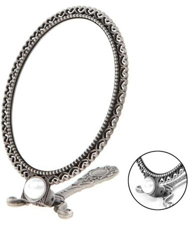 SEHAMANO Vintage Double Sided Handheld Makeup Metal Mirror with Pearl Decoration - Portable Folding Handle, Matt Grey - Buy Online on GoSupps.com