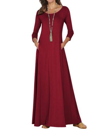 Jacansi Women's 3/4 Long Sleeve Maxi Dresses Casual Boat Neck Dress with Pockets 3XL Wine Red