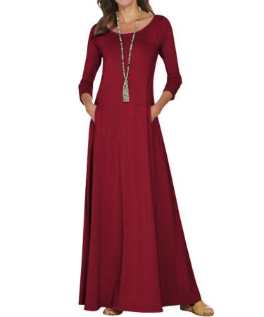 Jacansi Women's 3/4 Long Sleeve Maxi Dresses Casual Boat Neck Dress with Pockets M Wine Red