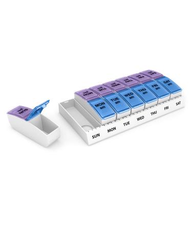 EZY DOSE Weekly (7-Day) Pill Case Medicine Planner Vitamin Organizer Box 2 Times a Day AM/PM Large Pop-Out Compartments Convenient and Easy to Use Blue and Purple Lids BPA Free