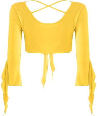 YiZYiF Women's Yellow Ballroom Dance Top with Tulle Flared Sleeves - Lace-Up Belly Latin Practice Costume - Buy Online on GoSupps.com