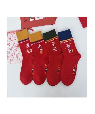 Chinese New Year Red Socks Ping an Auspicious Good Fortune Rich Cotton Women's Socks 4 Pairs 36-42 (Color : Style 4)