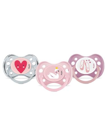 Dodie set of 3 pacifiers anatomical ballerina/swan/heart +6 months lot of 3 girls