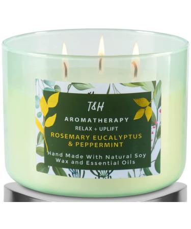 Rosemary Eucalyptus Peppermint Candle | Fresh Scented Candle for Women & Men | Highly Scented 3 Wick Natural Soy Candle | Peppermint Scented Candle for Home 15.8 oz Aromatherapy Stress Relief Candle