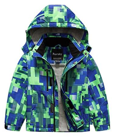 Pursky Boy's Waterproof Ski Jacket Kids Winter Snow Coats Fleece Raincoats Parka 8-9 Years Green Printed