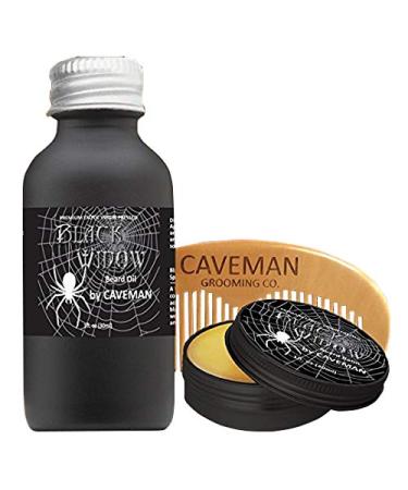 Caveman Black Widow Beard Oil Leave in Conditioner 1oz Beard Balm and Handmade Wooden Caveman Comb