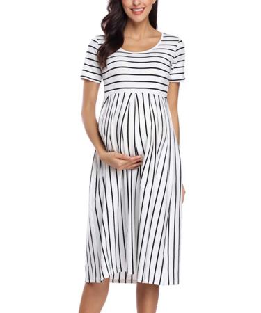 Love2Mi Womens Short-Sleeve Maternity Dress Casual A-Line Midi Pregnant Dress S White Black Stripe - Buy Online on GoSupps.com