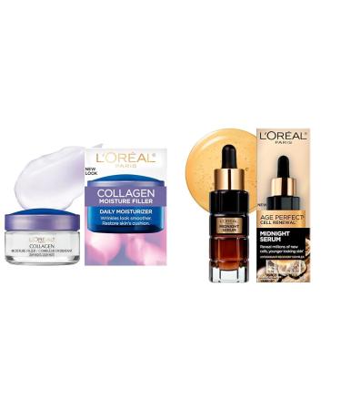 L Or al Paris Day and Night Moisturizer Cream Collagen Moisture Filler Skincare Hydrating Cream 50 ml & Midnight Serum for Face Vitamin E Serum Skincare with Hyaluronic Acid 30 ml Day/Night Collagen Cream + Midnight Serum