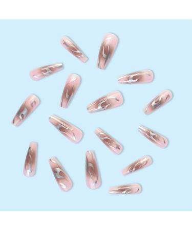 Press on Nails Long trapezoidal shape Fake Nails Silver Flame Pink False Nails Gloss Reusable Press on Nails Designs Acrylic Nails Press on Artificial Nails Stick on Nails For Women Girls 24Pcs - Buy Online on GoSupps.com
