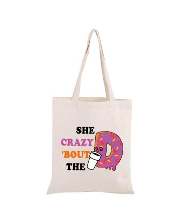 JXGZSO Donut Coffee Lover Gift She Crazy About The D Donut Tote Bag Coffee Junkie Gift Donut Coffee Merch