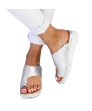 Bunion Splints Flip Flops for Womens Summer PU Comfort Orthopedic Beach Sandals Stylish Lightweight Soft Foot Correction Ladies Slippers for Plantar Fasciitis/Hallux Valgus ( Color : Silver  Size : 7 7.5 Silver