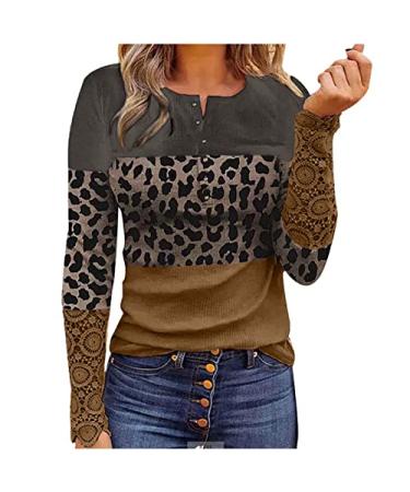 Romper Bathing Suit Womens Fall Tops Color Block Lace Long Sleeve Henley Shirts Hollow Out Ribbed Knit Button Down Slim Fitted Tee Blouses(B- Bronze,X-Large)