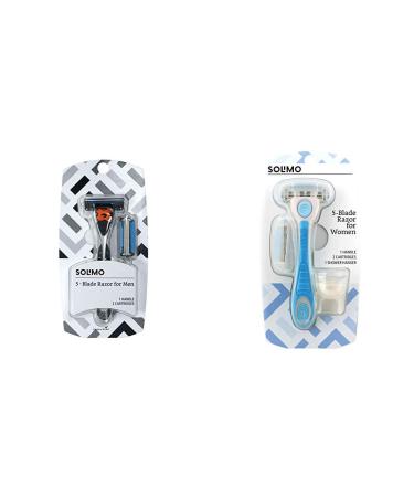 Solimo 5-Blade MotionSphere Razor for Men with Dual Lubrication and Precision Beard Trimmer, Handle & 2 Cartridges & 5-Blade Razor for Women, Handle, 2 Cartridges & Shower Hanger