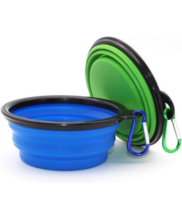 2 Pack Collapsible Dog Bowls with Carabiners - Portable Pet Feeding & Watering Dish for Travel - Small Blue+Green - Buy Online on GoSupps.com