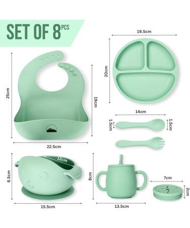 Little Chiltern Co 8 Pcs Silicone Baby Weaning Set - Adjustable Bib Suction Bowl & Plate Cup Fork & Spoon - Green - Buy Online on GoSupps.com