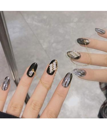 Sethexy Shiny Black Oval Fingernails with Rhinestone Gold Chain - 24 Piece Complete Acrylic Nail Set for Women & Girls | Magic Mirror Reflection Design - Buy Online on GoSupps.com