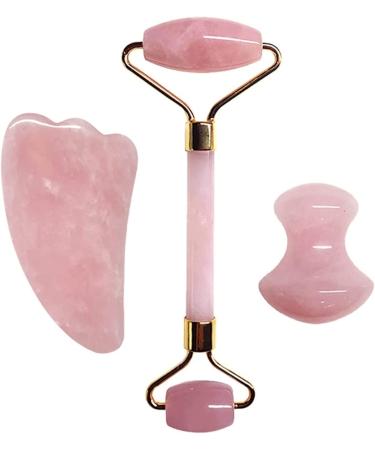 Gua sha Scraper Board Rose Quartz Face Thin Massager Natural Stone Guasha Board Jade Roller Pink Crystal Facial Scraper Jade Facial Roller Set Massage Tool Set (Color : Set a)