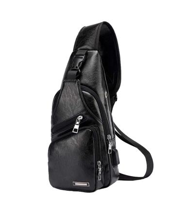 Men's Leather Sling Bag,Chest Shoulder Daypack Waterproof Crossbody Bag with USB Black