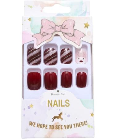 Brishow Christmas Snow Elk Press on Nails - Red Short Square Fake Nails for Women and Girls (24pcs) - Buy Online on GoSupps.com