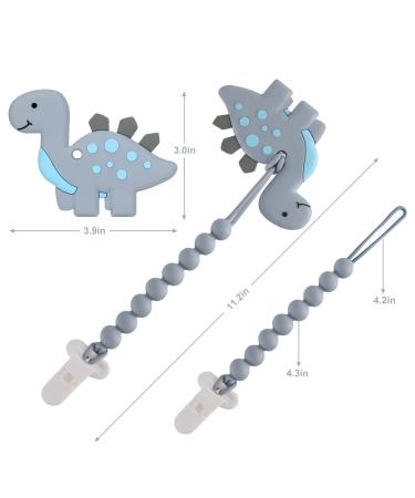Dinosaur Teething Toy Set | Baby Teether Pain Relief + Pacifier Clip Holder | 3-12 Months | Freezer Safe | Neutral Shower Gift (Grey) - Buy Online on GoSupps.com