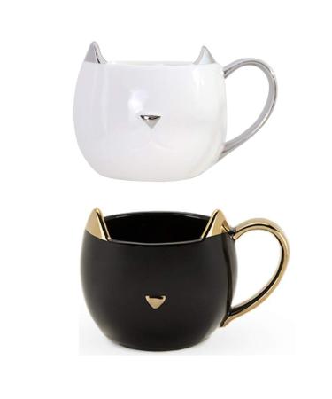 YJ 3D Cat Ear Ceramic Mug Cute Cat Coffee Cup with Gold and Silver Handles Milk Cup Suitable for Office Home Bedroom Best Gift for Your Friends 2 Pieces