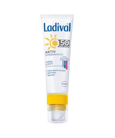 Ladival active sun protection for face and lips LSF 50+- perfume-free 2in1 sunscreen with lip protection pen- without color and preservatives- waterproof- 1 x 30 ml