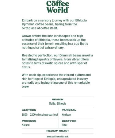 Coffee World | Ethiopia Djimmah Single Origin Arabica UK Roasted Coffee - Perfect Brewing for Caf s Businesses Shops & Home Users (Coffee Beans 250g) - Buy Online on GoSupps.com