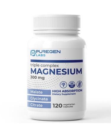 Puregen Labs Triple Magnesium Complex 300mg of Magnesium Glycinate Malate & Citrate High Absorption 120 Veg Capsules | No Harmful Additives | Non-GMO NO Gluten and Dairy