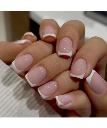 ZSPERKLA 24 PCS White Press on Nails Short Square Fake Nails Full Cover False Nails with Nail Glue Stick on Nails for Women Girls