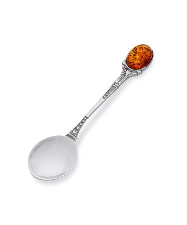 AMBEDORA Small Spoon for Boy or Girl Sterling Silver Oxidised Silver Spoon Patras with Amber Christening Birthday Gift