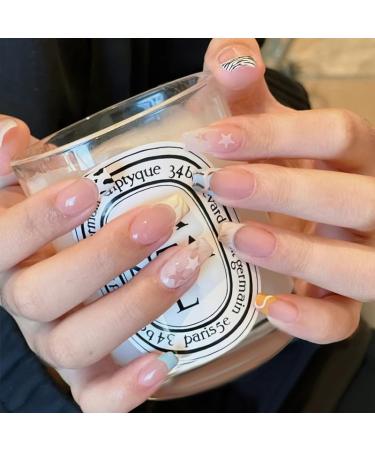 French Tip Press on Nails - Mid length Press On Nails with Nail Tips Star striped nude fake nails press on nails Acrylic False Nails Cute Artificial Nails - Buy Online on GoSupps.com