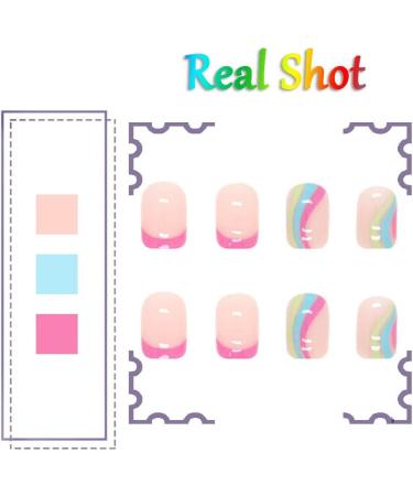 24Pcs Rainbow Swirl Short Square Press on Nails with Nail Glue - Glossy False Acrylic Nails for Women and Girls - Buy Online on GoSupps.com