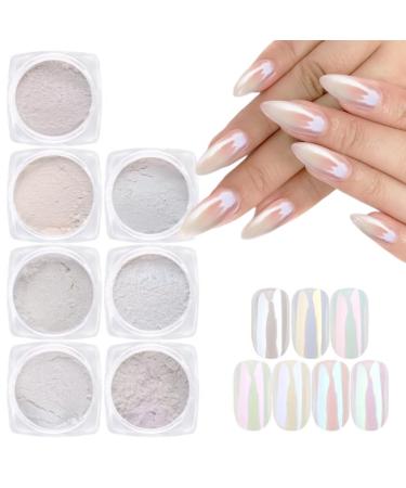 7 Colors Pearl Chrome Nail Powder Iridescent Aurora Powder Metallic Mirror Effect Glitter Powder Pearlescent Ice Transparent Mermaid Pigment Dust for Gel Polish Nail Art Decoration Glitter 2