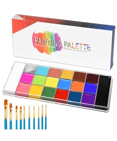 JACHOYI Face Body Paint Kit Professional 20 Colors Face Painting Kit Cosplay Makeup Palette Halloween Clown Makeup Kit Body Paint Arts Party Fancy Make Up with 10 Pink Face Paint Brushes