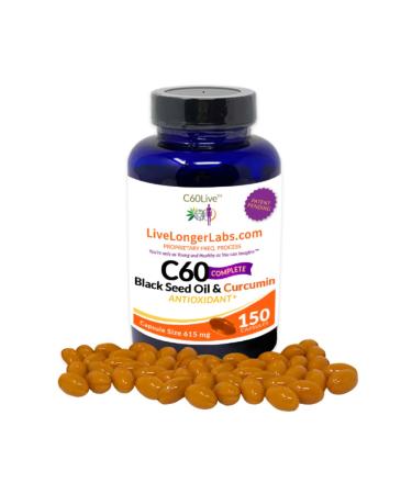 C60live - C60 Complete - Carbon 60 (Fullerene) with Black Seed Oil & Curcumin - Antioxidant Supplement - for Longevity & Cognitive Function - All Natural - 150 Gel Capsules