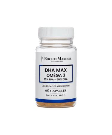 Roches Marines - DHA Max Omega 3 Supplement - 10% EPA - 50% DHA - Rich in Omega 3 DHA - Good Brain Function - Memory - Learning - 60 Capsules - Developed in France