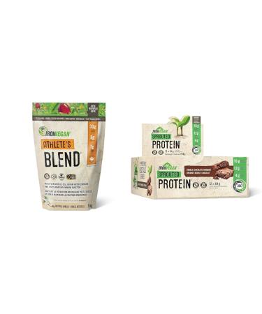 Athlete's Blend Protein Powder Vanilla Flavour 1 kg & Iron Vegan Sprouted Protein Bars | Double Chocolate Brownie Flavour | 12 Pack