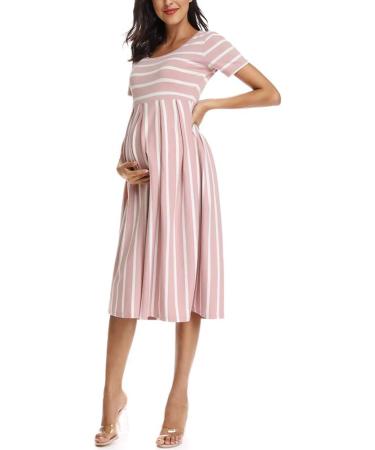 Love2Mi Maternity Dress XL Dark Pink White Stripe - Short-Sleeve A-Line Midi Pregnant Dress - Buy Online on GoSupps.com