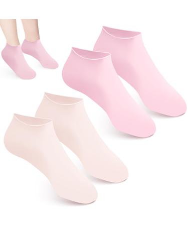 2 Pairs Silicone Pedicure Socks Spa Moisturizing Socks for Women Soft Foot Gel Socks for Dry Cracked Heel Feet Toes (Pink Beige)