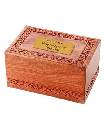 Solid Rosewood Border Engraving Handcarved Wood Urn with Custom Engraved 2x4 Brass Plate - Large, Cremation Urn, Wooden Urn