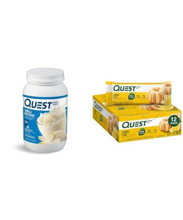 Quest Vanilla Milkshake Protein Powder 24g Protein 43 Servings & Lemon Cake Protein Bars 20g Protein Gluten Free 12 Count