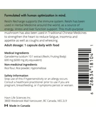 HAVN Life Reishi Recharge - Pure Reishi Mushroom Capsules for Immune Support Stress Relief and Liver - Brain Support Energy Booster Mushroom Supplement - Antioxidant and Non-GMO - 60 Vegan Capsules - Buy Online on GoSupps.com