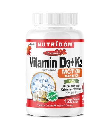 Nutridom Vitamin D3 1 000 IU + K2 MK-7 120 mcg with MCT Oil Cholecalciferol D3 + Natto-Derived Menaquinone-7 Non-GMO Free of Gluten Soy & Dairy (120 count)