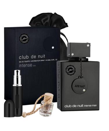 Bundle of ARMAF Club De Nuit Intense Man 3.6oz Eau de Toilette with 5ml Portable Refillable Atomizer and Refillable Car Freshener in a Satin Gift Bag